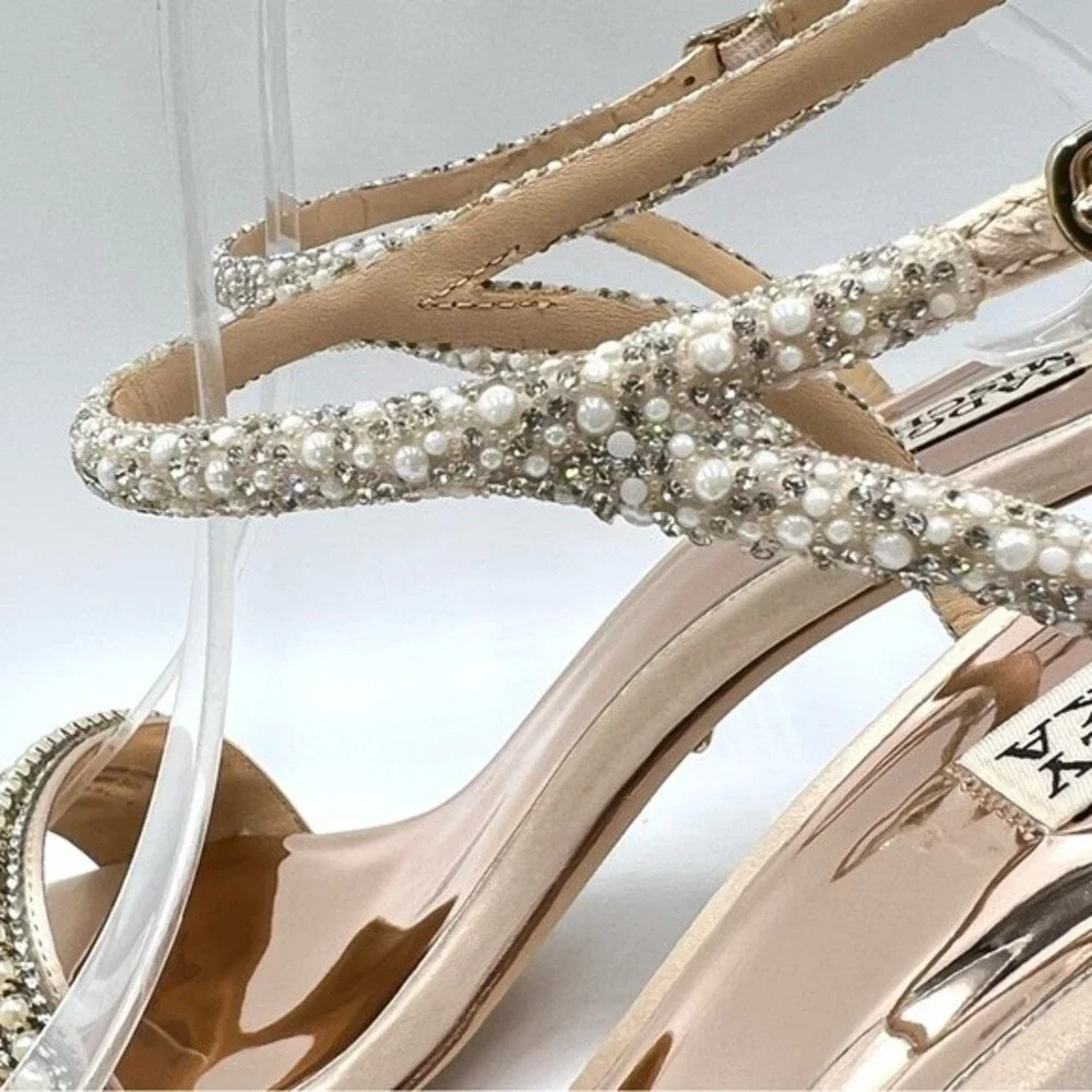 Badgley Mischka Size 11 Kari‎ Soft Nude Satin Jeweled Block Open Toe Heels Shoes